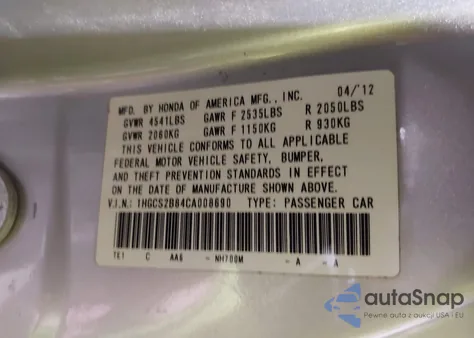 2012 Honda Accord 3.5 Ex-L from USA, damaged, VIN 1HGCS2B84CA008690